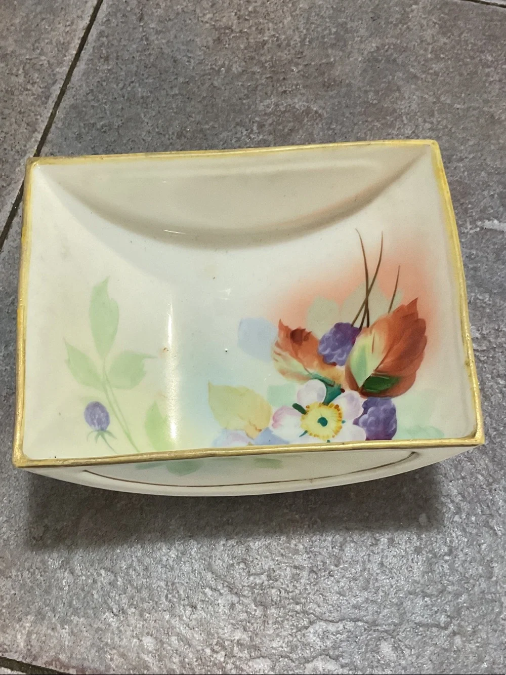 Cream Floral Ceramic Serving Dish with Gold Rim hand painted